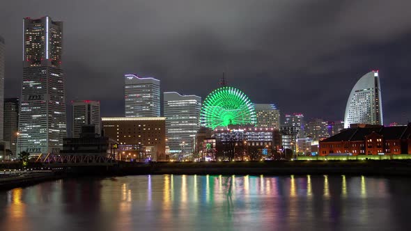 Night Yokohama Cityscape Ferris Wheel Timelapse