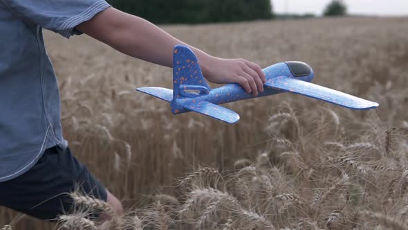 Happy guy with a toy airplane on a wheat field in the sunset light.