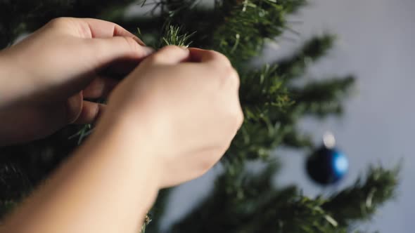 Woman Decorating Christmas Tree with Blue Ball