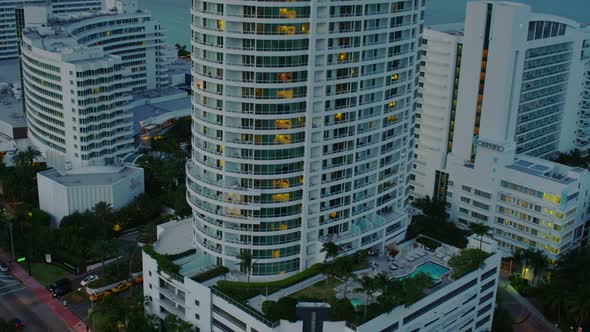 Aerial view of Miami Beach hotels at dusk