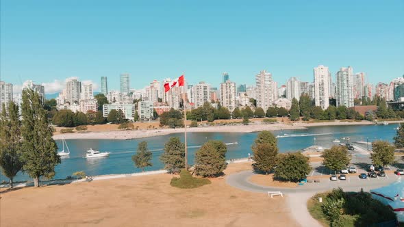 Downtown Vancouver, Pacific ocean, kitsilano beach, island, mountain. (Drone Footage)