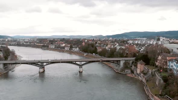 Wettsteinbrucke bridge over Rhine river, Basel, Switzerland. Aerial forward view