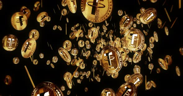 Tether USDT stablecoin cryptocurrency flying between golden coins loop