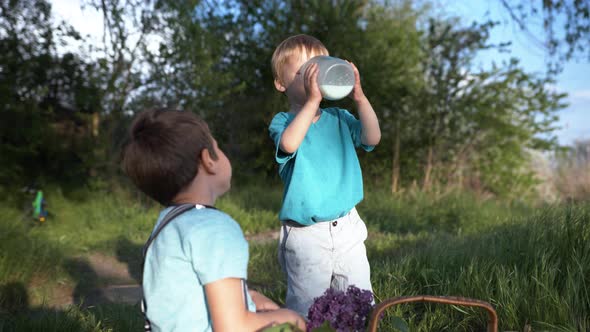 Wholesome Food, Happy Hungry Children Brothers Drink Wholesome Fresh Milk While Having a Snack on a