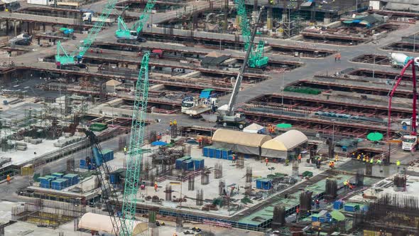 Time Lapse of Construction Site with Heavy Construction Machinery in Metropolis