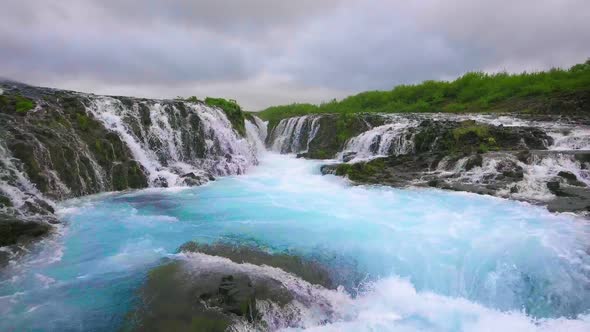 Drone Aerial View of Bruarfoss Waterfall in Brekkuskogur Iceland