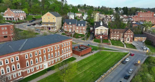 Greek life houses on college campus in USA. Fraternity and sorority student organization housing. So