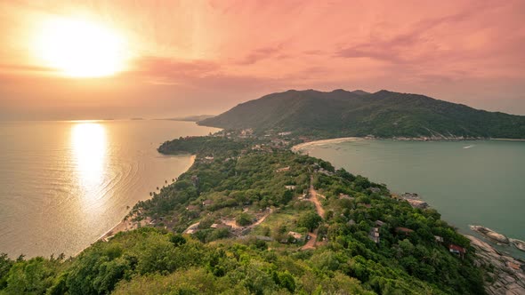 Panoramic aerial view of Haad Rin Beach in Koh Phangan island, Thailand in a Summer Day