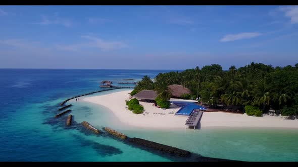 Aerial above tourism of marine resort beach trip by blue ocean and clean sand background of a dayout