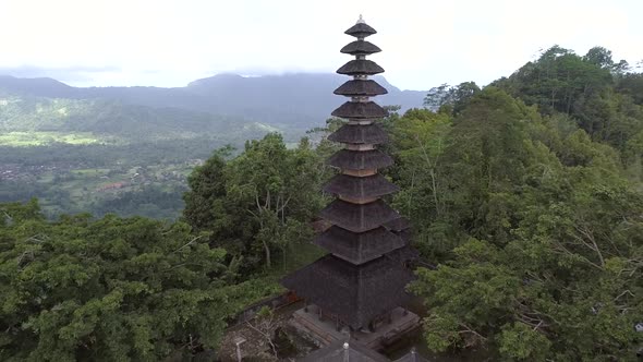 Aerial view of multi-storied pagoda on a elevation terrain, Bali, Indonesia.