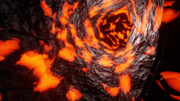 Traveling through volcanic cave or caldera, magma crusted walls. Burning Lava inside Volcano hole