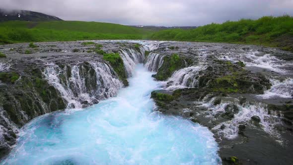 Drone Aerial View of Bruarfoss Waterfall in Brekkuskogur Iceland