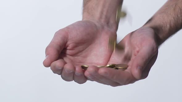 Male Hands Catching Coins in Slow Motion, Lottery Winner, Social Aid, Money