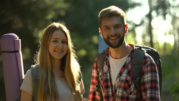 Smiling Campers Showing Thumbs Up in Forest, Recreation Activity for Ex Addicts