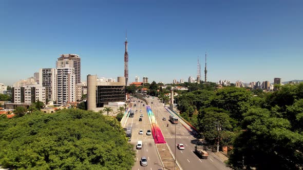 Panning winde of colorful Sumare Bridge at downtown Sao Paulo Brazil.