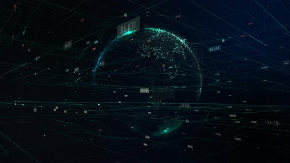 Globe digital particles with line and number random generate.