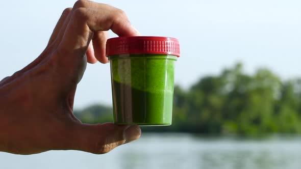 male hand holding and stirring container with green algae near river