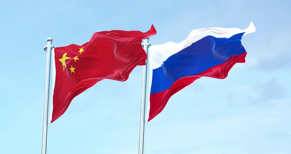 China flag vs Russia flag waving 4k