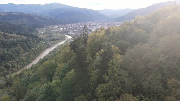 Aerial View of the Village in the Carpathian Mountains in Autumn