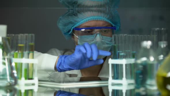 Chemistry Student Checking Reaction in Test Tubes, Adding Data to Report on Tab