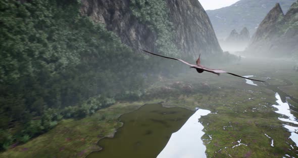 Groups of Brachiosaurs Triceratops and a Flock of Pterosaurs Moving Through a Canyon 3D Rendering