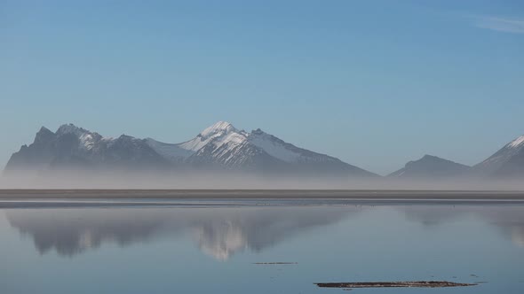 Panoramic Landscape of Lake Surface with Reflections of Mountains on Surface