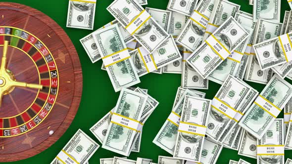 Roulette table in casino money cash and addicted gambler place a bet for black