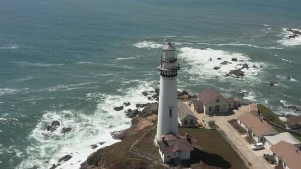 Aerial of Pigeon Point Lighthouse on Pacific Coast Highway near Half Moon Bay on California Coast