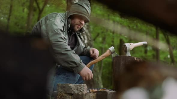 Casual Tourist Cooks Delicious Barbecue Food On Hot Grill For Outdoor Friends Party.