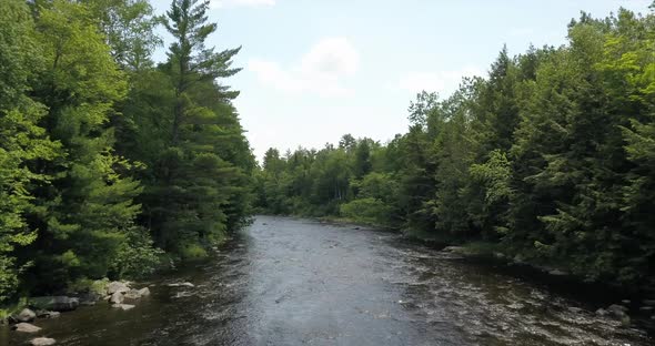 Flying low through the trees above a river in the Maine wilderness.