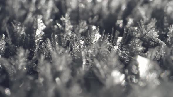 Shining Glass Like Transparent Crystals of Fresh Snow. Macro Close-up Shot