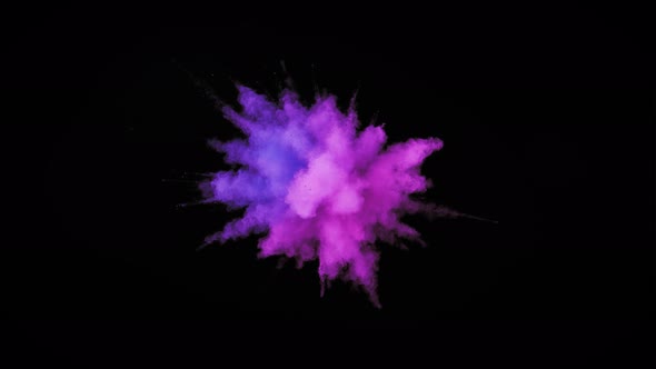 Colorful powder/particles fly after being exploded against black background. Slow Motion. alt