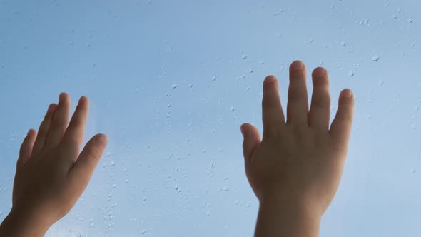 Hands of a child at the window.