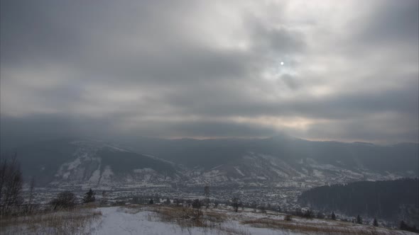 Cloudy Winter Day in a Village in the Carpathian Mountains