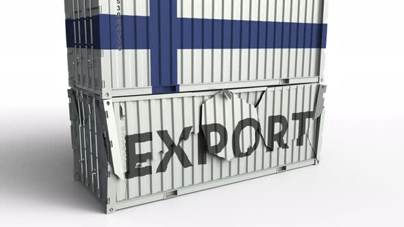 Container with EXPORT Text Being Crashed with Container with Flag of Finland