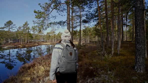 Autumn Hike Backpacker Lifestyle Woman Walking on Trek Trail in Forest Outdoors