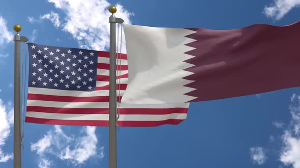 Usa Flag Vs Qatar Flag On Flagpole