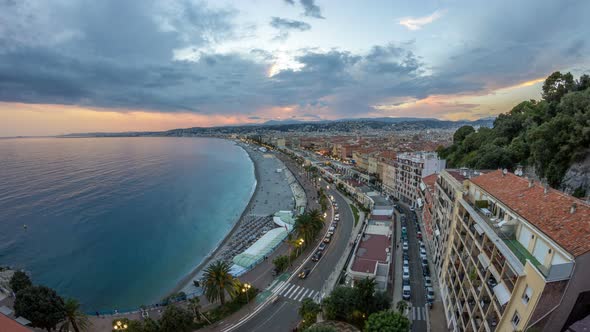 Panorama Over Nice City and Mediterranean Sea Aerial Day To Night Timelapse