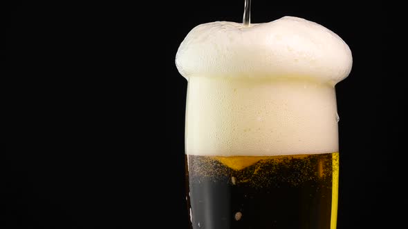Pouring lager beer in glass over black background