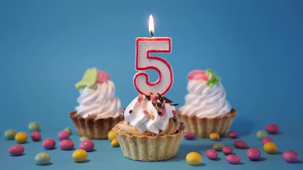 Cake Birthday Cupcake with a Burning Candle Number Five 5 on a Blue Background