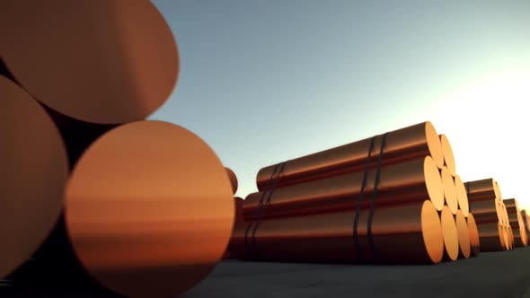 Loopable animation of cylindrical copper billets. Copper in its purest form.