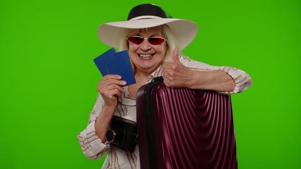 Traveler Tourist Senior Woman Holding Passport Tickets Dreams of Which Country Go Rest on Vacation