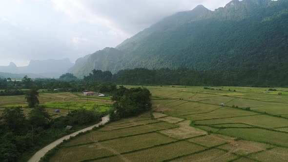 Nature landscape near town of Vang Vieng in Laos seen from the sky