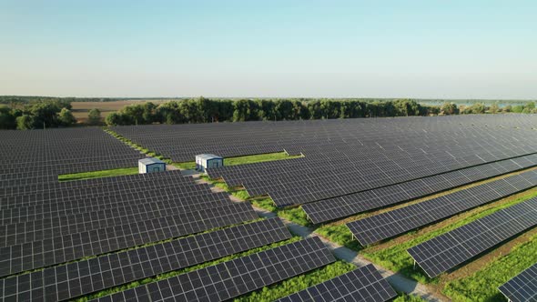 Aerial View of Solar Farm on the Green Field at Sunset Time Solar Panels in Row