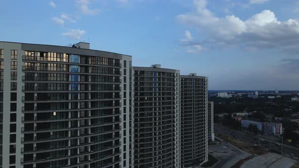 Construction of a modern city block. Multi-storey buildings