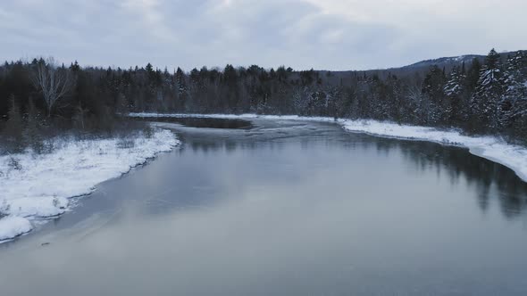 Frozen lake scenic landscape Aerial snowfall Winter