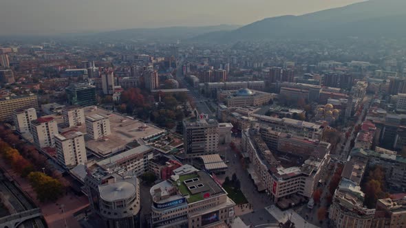 Drone view of the cityscape of Skopje, the capital city in North Macedonia