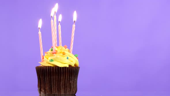 Tasty Birthday Cupcake with Five Candle, on Purple Background