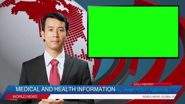 Asian Male Anchor Reporting On Medical And Health, Video Story Show Green Screen TV