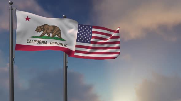 California State Flag Waving Along With The National Flag Of The USA - 2K